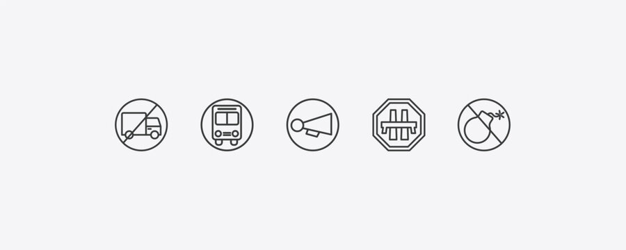 traffic signs outline icon set. thin line no trucks, bus stop, motorway, no bombs icons. editable vector