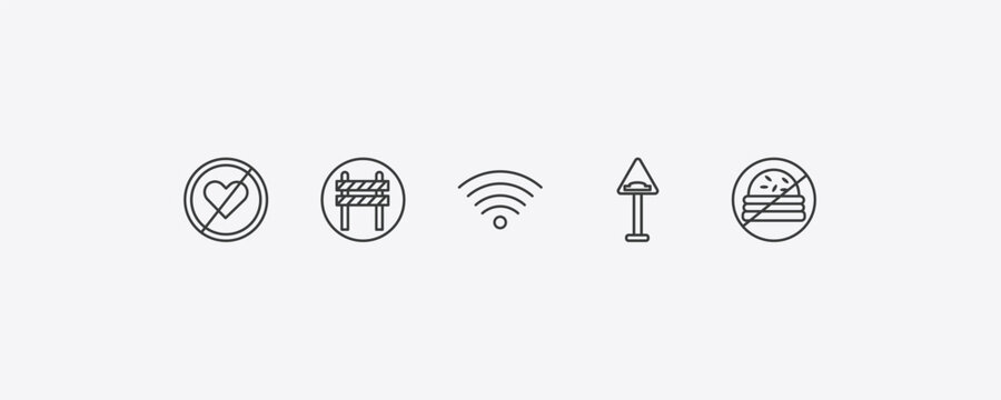 traffic signs outline icon set. thin line lovemaking, barrier, bump, no fast food icons. editable vector