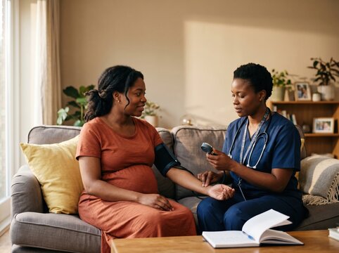 Pregnant Black woman sitting on a sofa during a midwife home visit for blood pressure checkup, medical support, maternity healthcare and feminine wellness campaigns