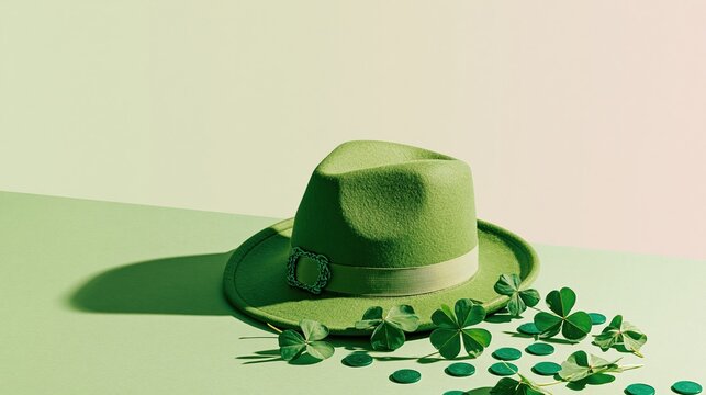 Green felt hat with shamrock clover and coins on a light background for St. Patricks Day celebration, festive holiday advertising and Irish cultural branding