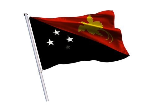 Waving flag of Papua New Guinea on a flagpole, isolated on a white background, 3d rendering, 3d illustration.