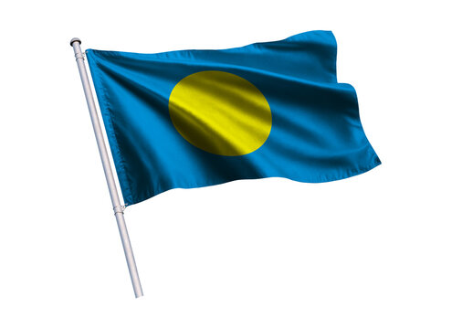 Waving flag of Palau on a flagpole, isolated on a white background, 3d rendering, 3d illustration.