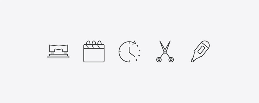 tools and utensils outline icon set. thin line hole puncher, calendar page, open scissors, body thermometer icons. editable vector