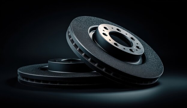 Pair of black car brake pads with metallic friction surface and steel disc rotor for vehicle maintenance