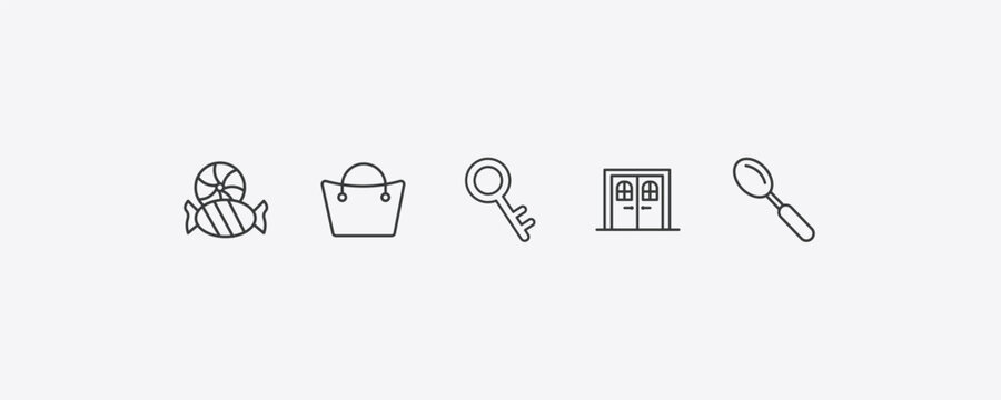 tools and utensils outline icon set. thin line candies, bag with big handle, doors, large spoon icons. editable vector