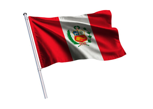 Waving flag of Peru on a flagpole, isolated on a white background, 3d rendering, 3d illustration.
