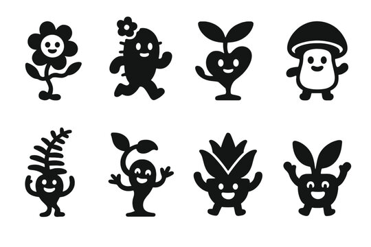 Animated Plant Icons. Animated plant pals. Filled icon set of Animated plant pals: dancing flower, jogging