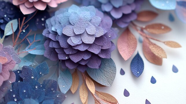 Layered paper cut art of hydrangea flowers and rain drops Japane