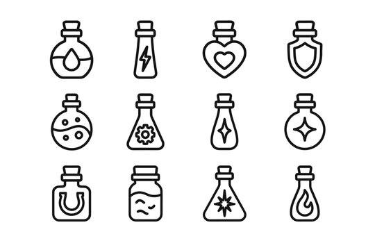 Fantasy Neon Elixirs Icons. Fantasy neon elixirs. Line outline icon set of Fantasy neon elixirs: glowing mana