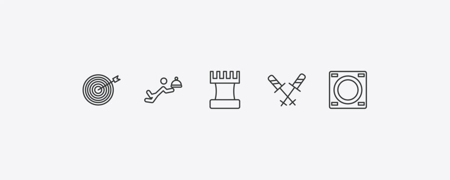 sports outline icon set. thin line bullseye, waiter falling, ski poles, dohyo icons. editable vector