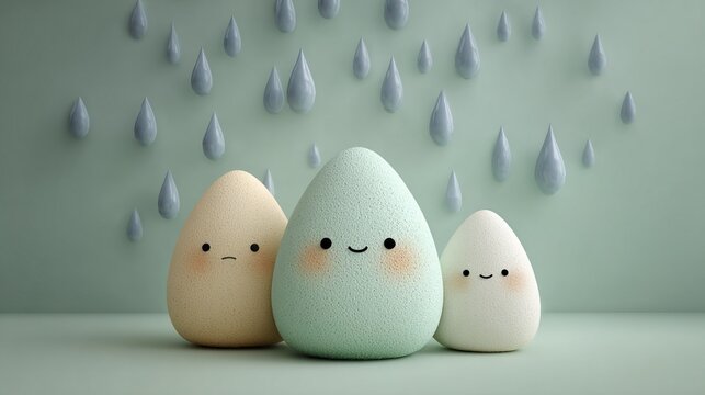 Cute teru teru bozu 3D clay render with rain drops Japanese rain