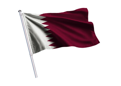 Waving flag of Qatar on a flagpole, isolated on a white background, 3d rendering, 3d illustration.