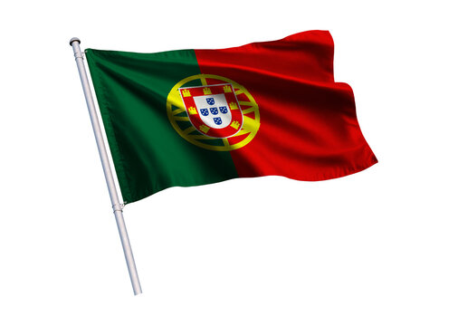 Waving flag of Portugal on a flagpole, isolated on a white background, 3d rendering, 3d illustration.