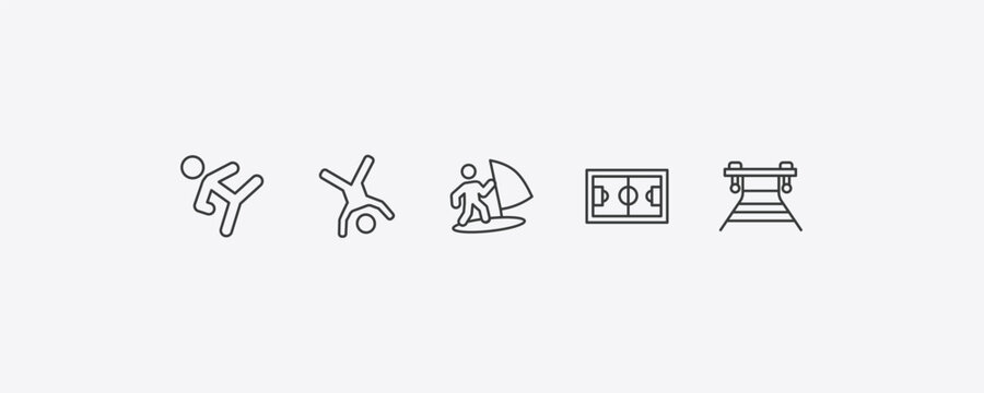 sports outline icon set. thin line taekwondo, cartwheel, football pitch, work bench icons. editable vector