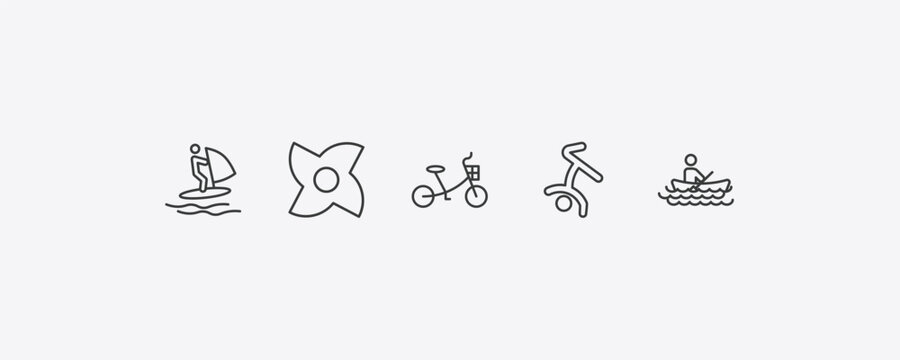 sports outline icon set. thin line windsurf, ninja shuriken, breakdancing dancer, man in canoe icons. editable vector
