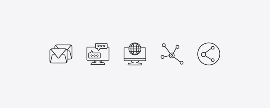 social media marketing outline icon set. thin line letters, flats, social normal, photo share icons. editable vector