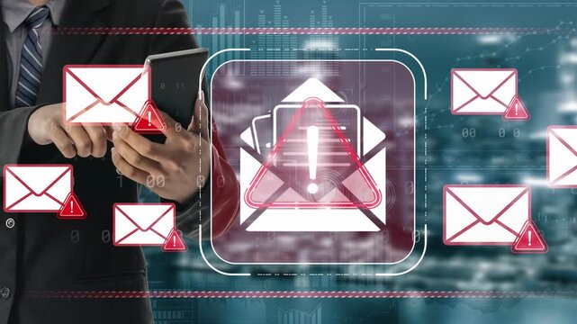 Modern businessman holding smartphone surrounded by digital alerts of emails and notifications, emphasizing communication challenges and security risks in business environments Sigmoid