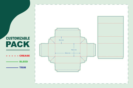 Drawer box dieline template with precise measurements, featuring folding crease, bleed, and trim lines for packaging snacks or desserts
