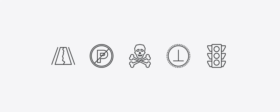 signs outline icon set. thin line road collapse, no parking, perpendicular, traffic light icons. editable vector