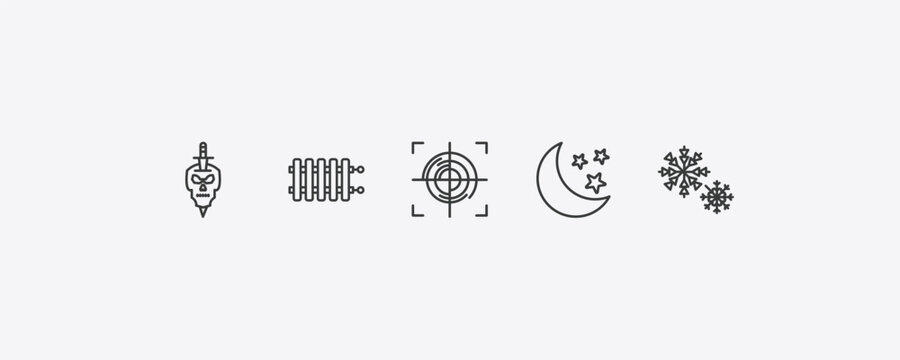 shapes outline icon set. thin line skull and dagger, radiators, half moon and star, two snow flakes icons. editable vector