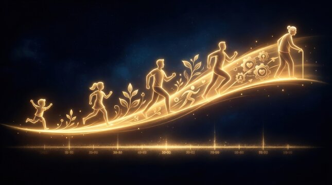 Life's Journey, Illuminated: A golden, glowing timeline depicts the progression of human life, from infancy to old age, with symbolic elements representing growth and the passage of time.
