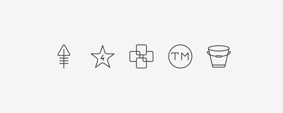 shapes outline icon set. thin line phosphorus, star with number four, trademark, empty bucket icons. editable vector