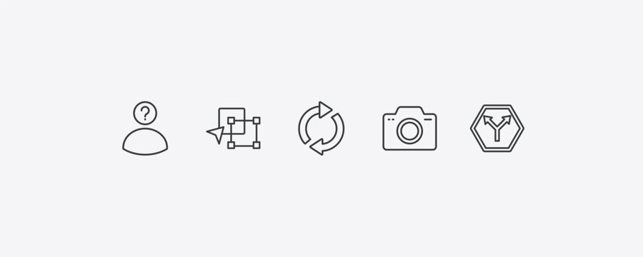 shapes outline icon set. thin line character, paint selection, foto, y shaped intersection icons. editable vector