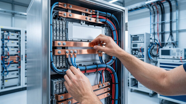 Electrician working on a complex electrical panel with copper busbars and colorful wires