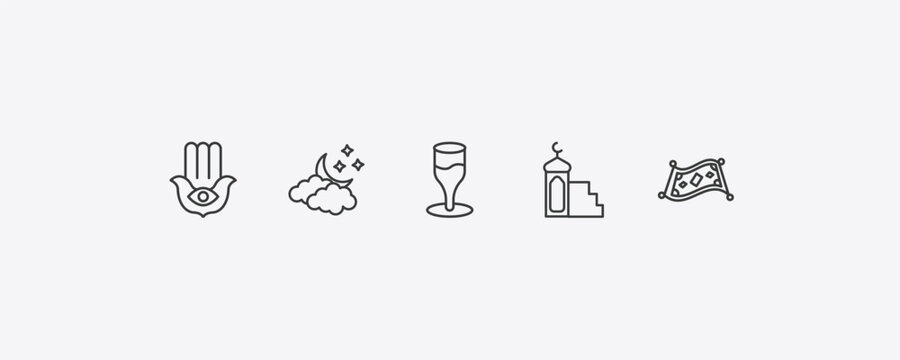 religion outline icon set. thin line hamsa hand, ramadan crescent moon, minbar, magic carpet icons. editable vector