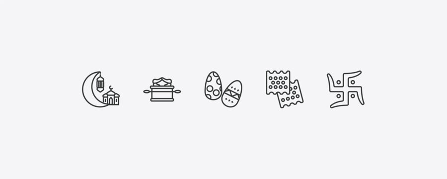 religion outline icon set. thin line islamic ramadan, ark of the convenant, matzo, swastica icons. editable vector