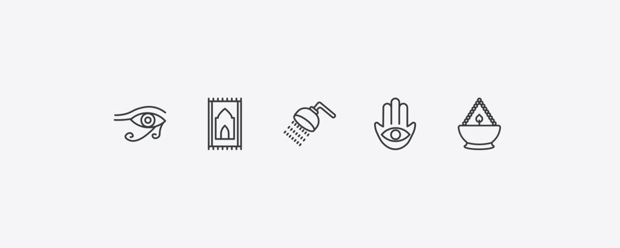 religion outline icon set. thin line eye of ra, praying mat, hamsa, ner tamid icons. editable vector