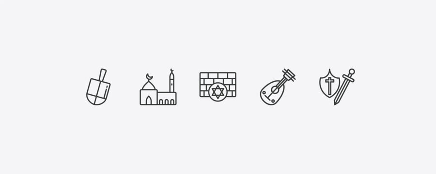 religion outline icon set. thin line dreidel, medina, oud, crusade icons. editable vector