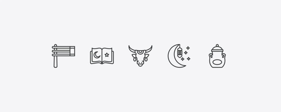 religion outline icon set. thin line gragger, koran, ramadan month, manna jar icons. editable vector