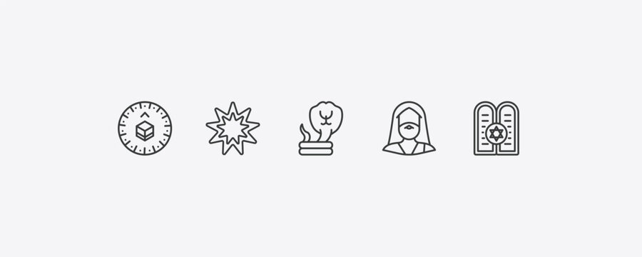 religion outline icon set. thin line qibla, bahai, moses, halakha icons. editable vector