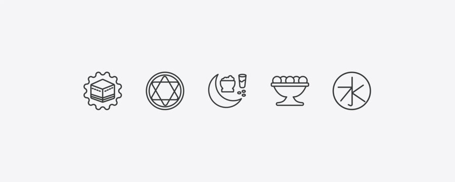 religion outline icon set. thin line kaaba, blasphemy, laddu, confucianism icons. editable vector