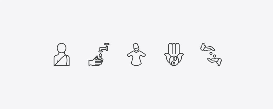 religion outline icon set. thin line buddhist monk, wudu, karma, sadaqah icons. editable vector