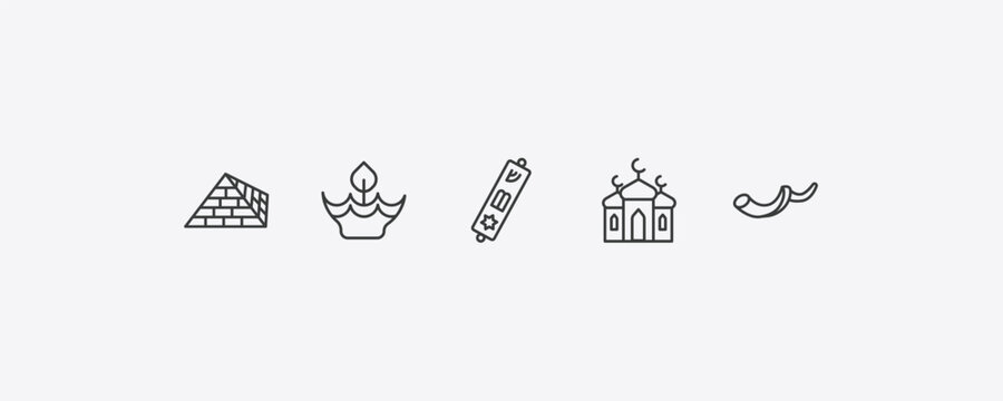 religion outline icon set. thin line captives to egypt, diwali, islamic mosque, shofar icons. editable vector