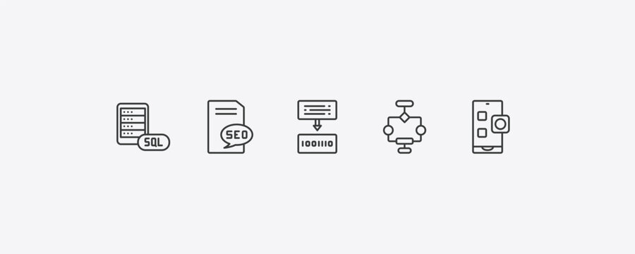 seo outline icon set. thin line mysql, seo report, aorithm, app icons. editable vector