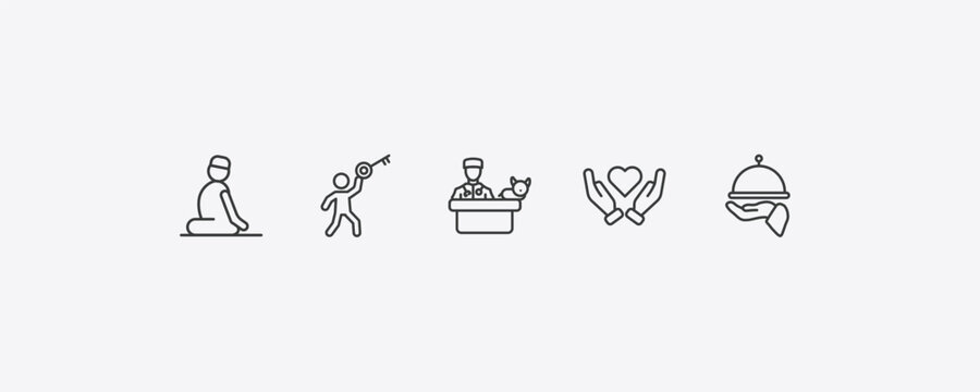 people outline icon set. thin line julus, man with big key, heart in hands, serve icons. editable vector