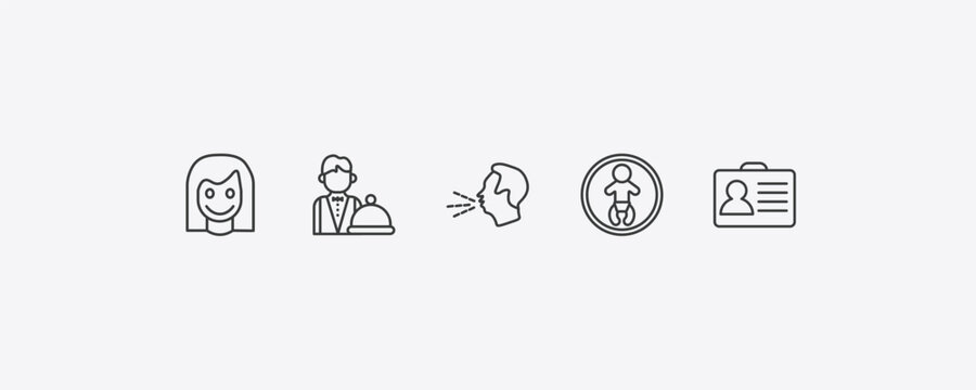 people outline icon set. thin line girl smile, waiter working, baby zone, identification ard icons. editable vector
