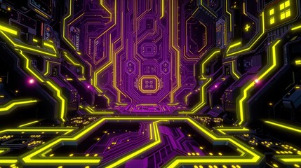 Fototapeta premium Neon circuitry forms tunnel. Purple, yellow glow dominates dark space. Futuristic design suggests digital world or interior.