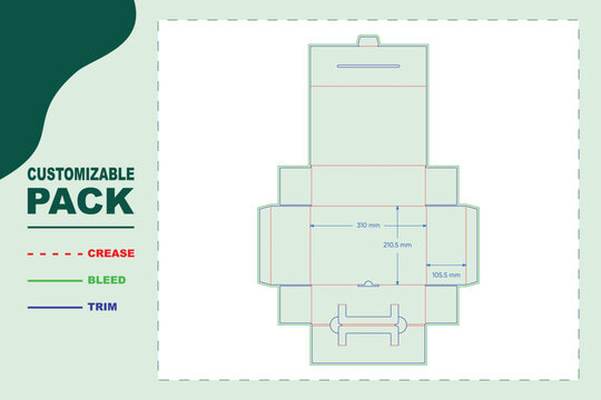 Flip box dieline template with handle, featuring crease, bleed, and trim lines with precise metric dimensions for packaging manufacturing layout