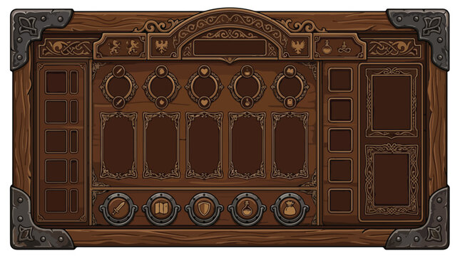 Fantasy RPG game UI wooden board, medieval quest menu interface with ornate frames, vintage tavern style inventory screen vector illustration
