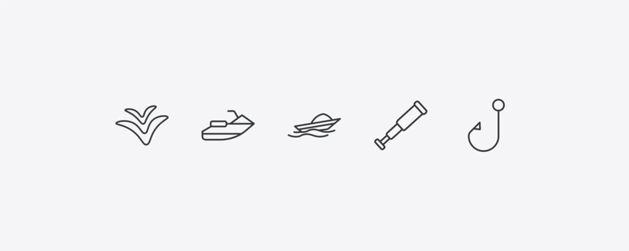 nautical outline icon set. thin line seagull, facing right, nautical monocular, bait icons. editable vector