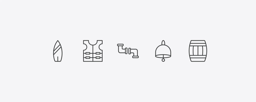 nautical outline icon set. thin line suroard, vest, big bell, big barrel icons. editable vector