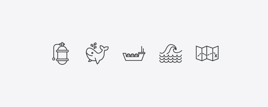 nautical outline icon set. thin line air tank, whale, sea, treasure map icons. editable vector