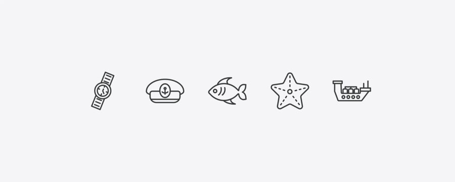 nautical outline icon set. thin line water resist watch, captain hat, starfish, oil tanker ship icons. editable vector