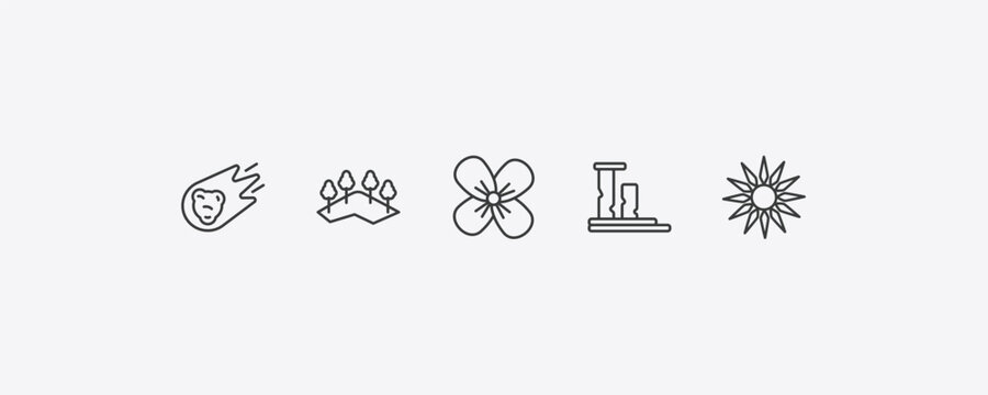 nature outline icon set. thin line asteroids, mountains with trees, ruins, sol icons. editable vector