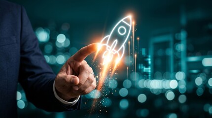 Fototapeta premium A rocket launching from a hand toward the sky representing startup business concept and success.