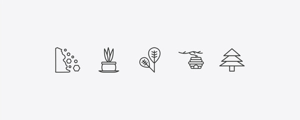 Fototapeta premium nature outline icon set. thin line falling debris, flower pot, hive, pine tree icons. editable vector
